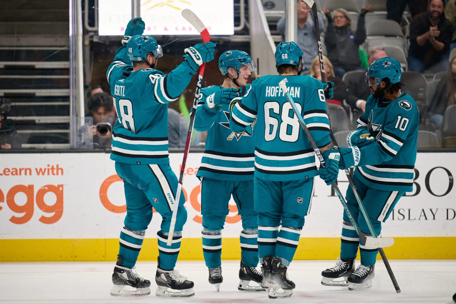 Sharks celebrating after scoring a goal