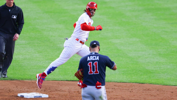 Bryce Harper staring down Orlando Arcia after hitting a home run