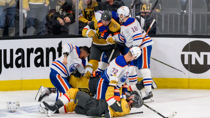 Photo of Scrum between Edmonton Oilers and Vegas Golden Knights during 2023 Stanley Cup Playoffs