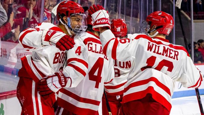 Boston University Terriers Hockey celebrating a goal