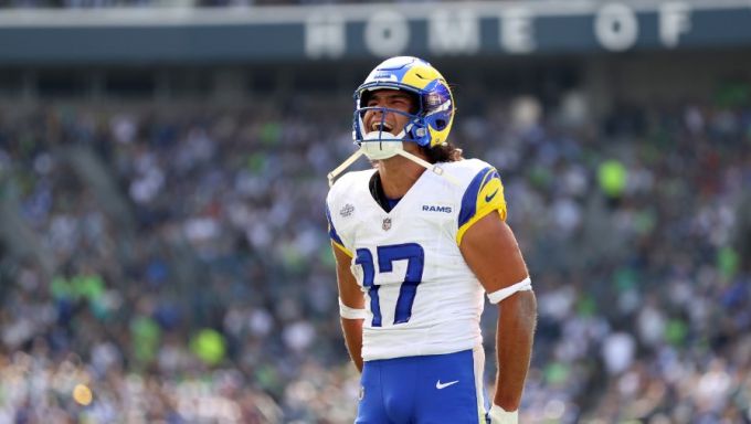 Puku Nacua celebrating after catching a pass in Week One against the Seahawks