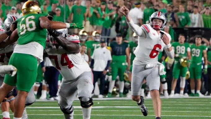 OSU QB Kyle McCord Throwing the Ball against Notre Dame