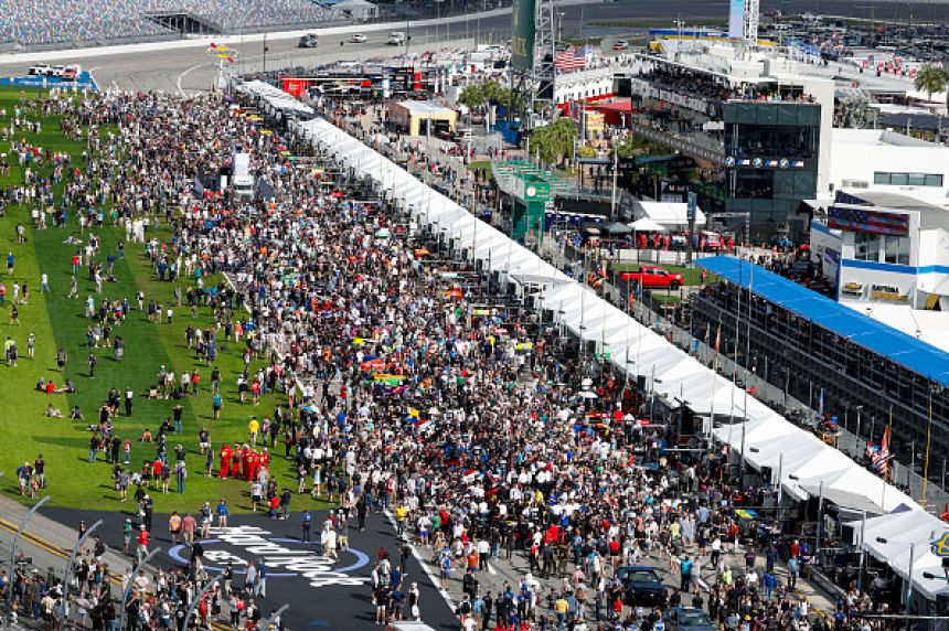 Aerial view of crowded pit lane at Daytona International Speedwqay