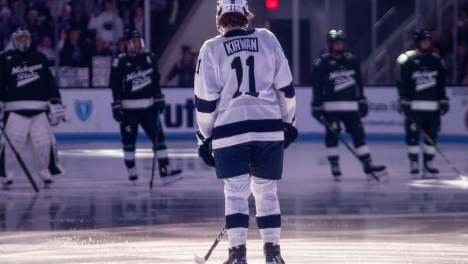 Ryan Kirwan in warmups against Michigan State