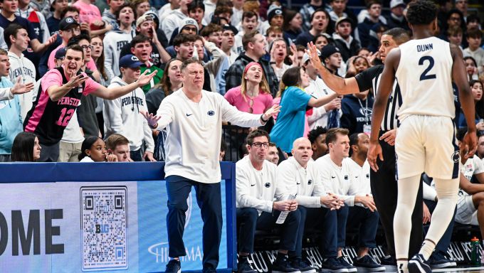 Mike Rhoades gets heated with an official in Penn State's loss to Northwestern