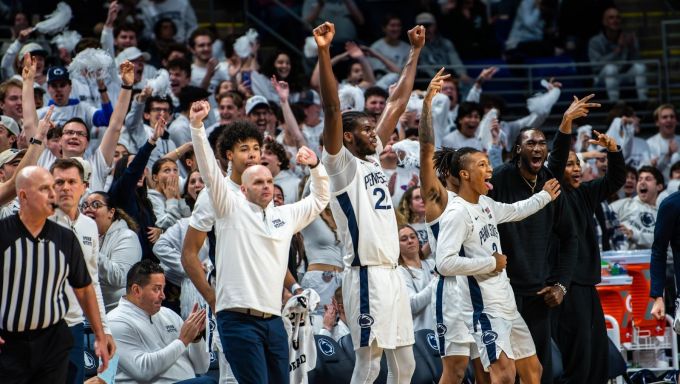 Penn State bench celebrates after big Ace Baldwin 3