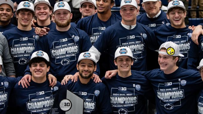 Penn State Wrestling celebrating after defeating Nebraska