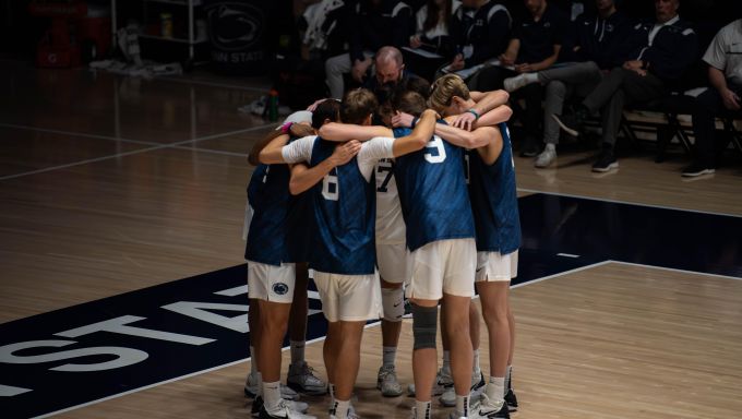 Penn State men's volleyball in the huddle vs. King