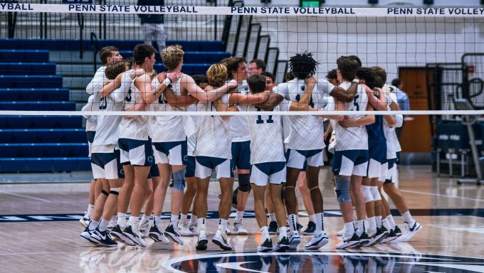 Penn State men's volleyball celebrating against Lees McRae