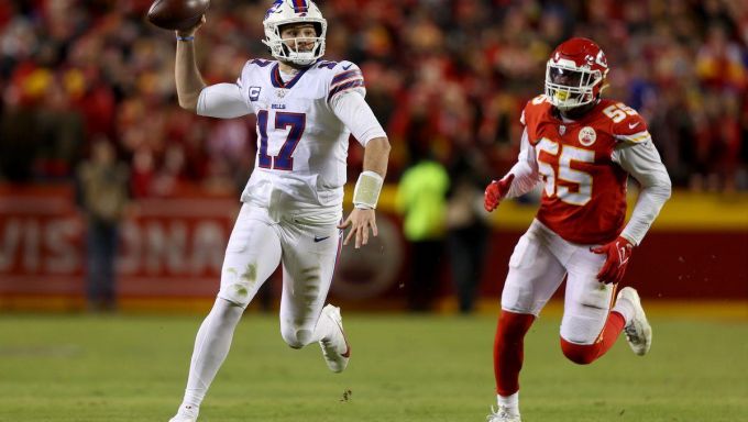 Josh Allen rolling out against the Chiefs