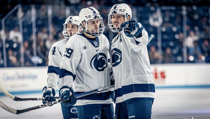Penn State's Reese Laubach talking things over during a break