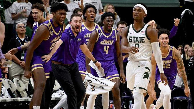James Madison Basketball celebrating over Michigan State