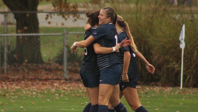 Penn State women's soccer celebrating against Indiana