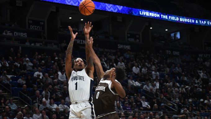Ace Baldwin Jr. rising for a shot against Lehigh