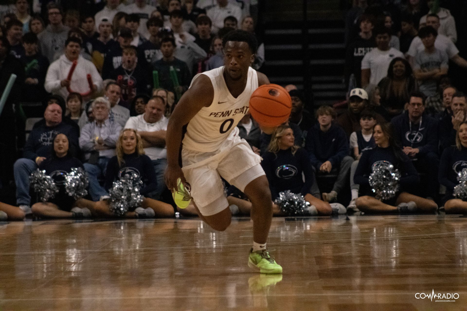 Penn State guard Kanye Clary taking the ball up court