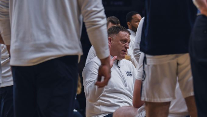 Mike Rhoades discussing his gameplan with the Nittany Lions