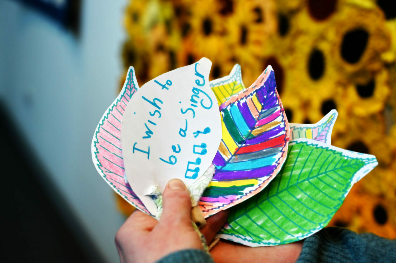 Closeup of a left hand holding leaf shaped pieces of paper that have been colored and have hand-written notes on them.
