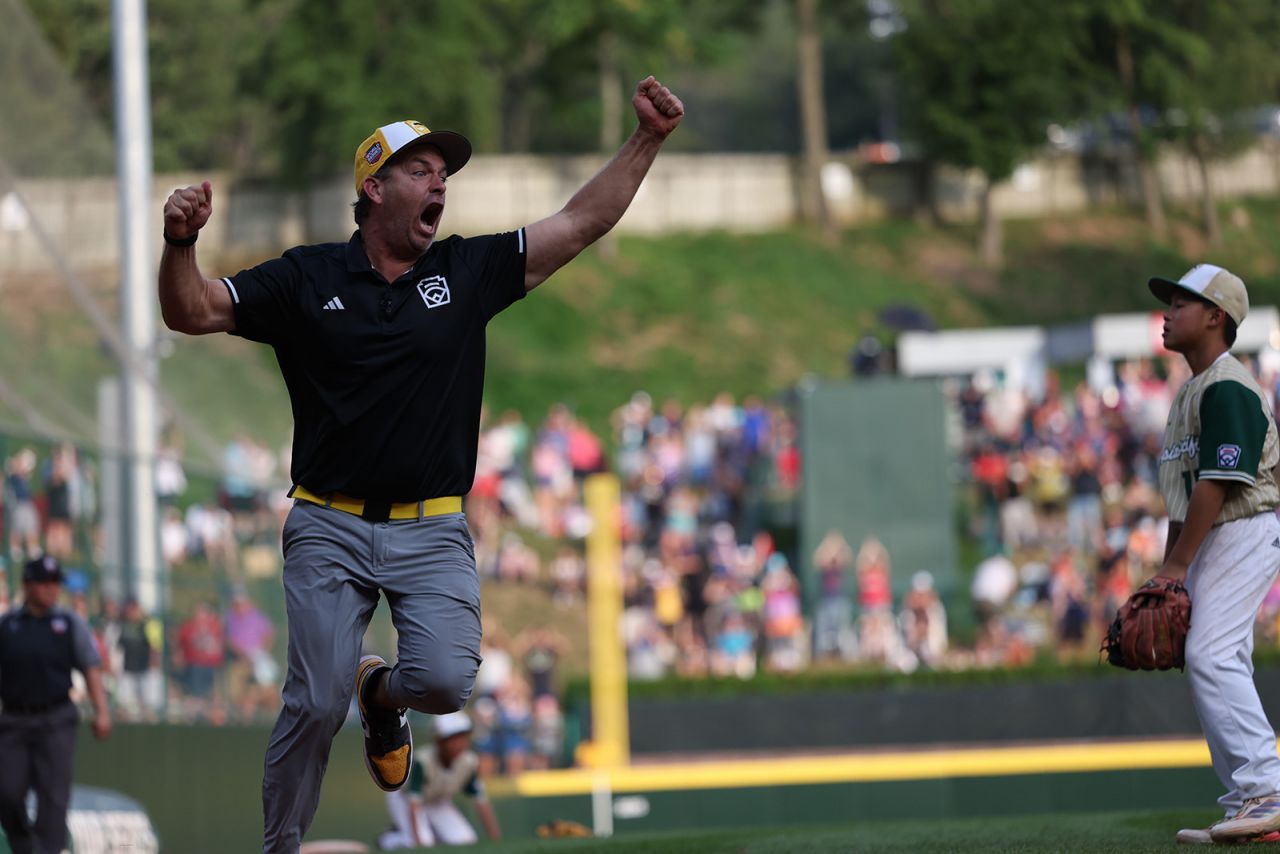 A man celebrates on a baseball field