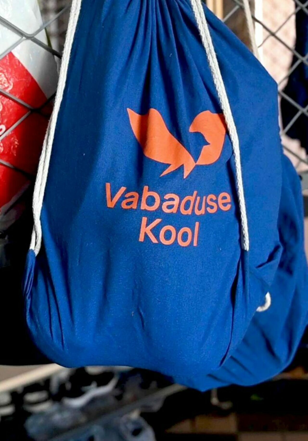Blue drawstring bag with orange graphic and lettering.