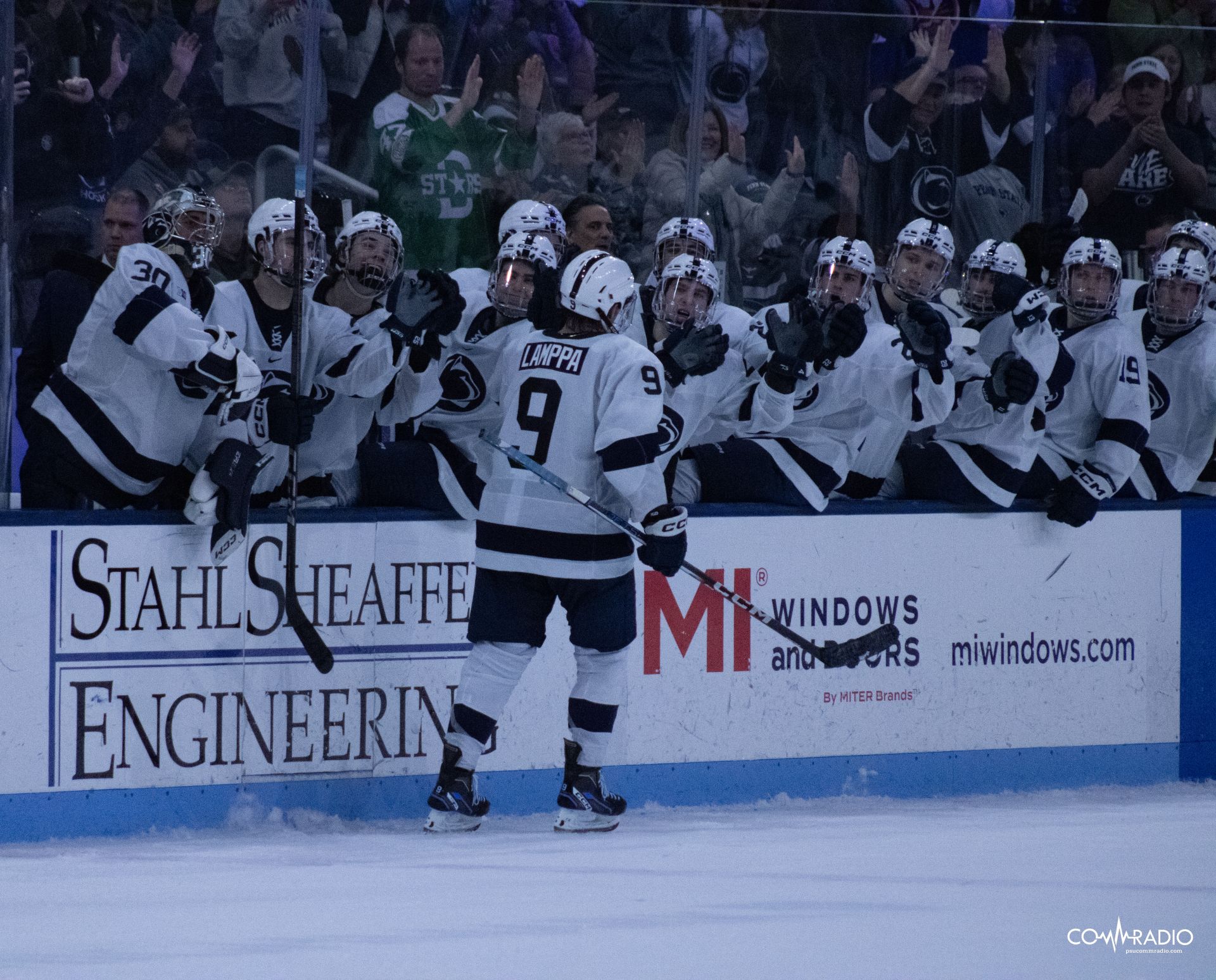 Xander Lamppa celebrates with the Penn State bench after scoring shootout goal