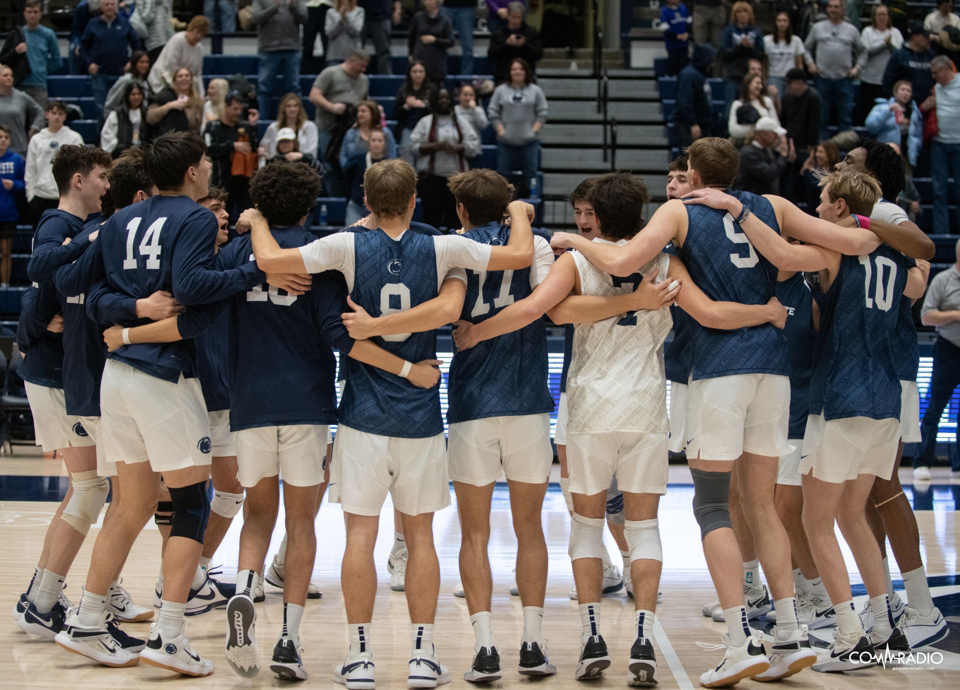 Penn State men's volleyball celebrating after a 3-0 set victory over King