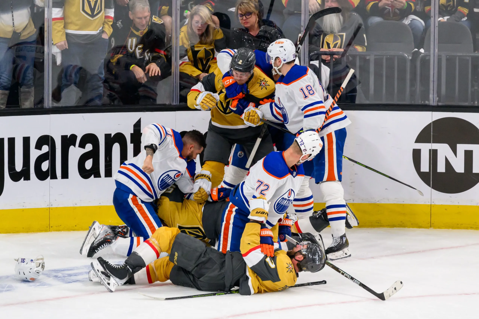 Photo of Scrum between Edmonton Oilers and Vegas Golden Knights during 2023 Stanley Cup Playoffs