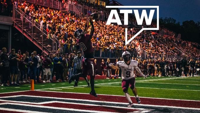 State college receiver making a leaping catch in the end zone