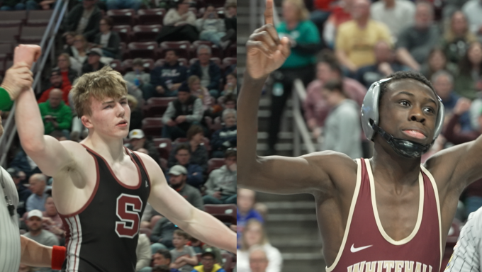 A split screen of two high school wrestlers with their arms raised