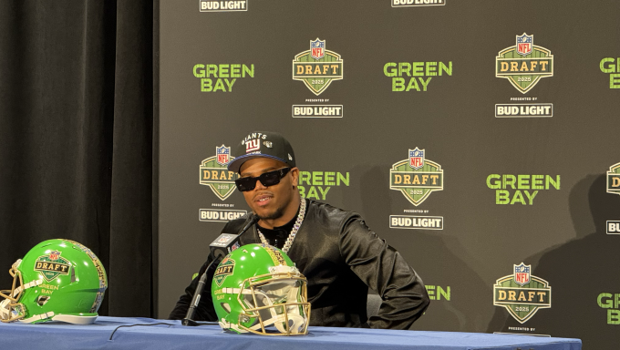 Abdul Carter at the press podium of the NFL Draft
