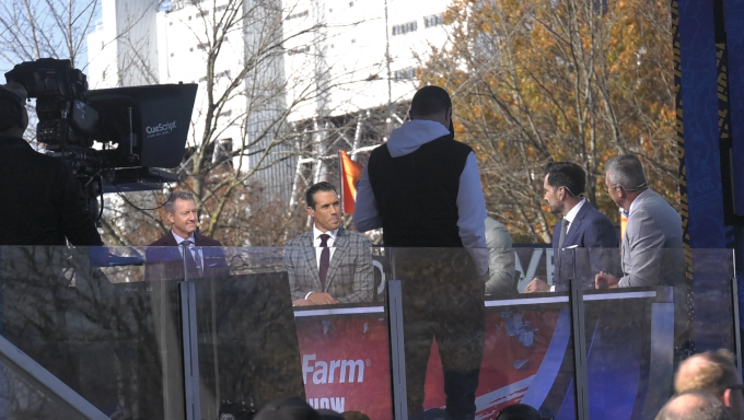 Host Rob Stone and analysts Brady Quinn, Mark Ingram, Matt Leinart and Urban Meyer practice on the Big Noon set.