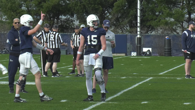 Quarterback Drew Allar at practice this week prior to the Blue-White game