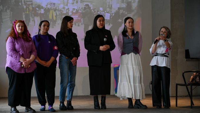 Women gather for the March 8 rally in Almaty inside a building because authorities refused to sanction a march.