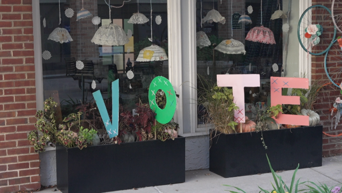 A sign reading vote outside the Fraser Shops polling place