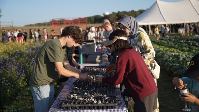 People planting succulents at Penn State student farm.