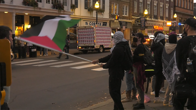 Protesting woman waves flag over East College Ave.