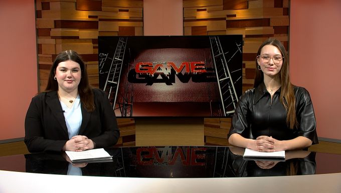 Two student anchors for In The Game host the second episode of the spring semester (2025)