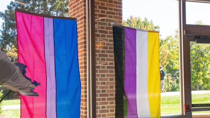 Pride flags hanging on window