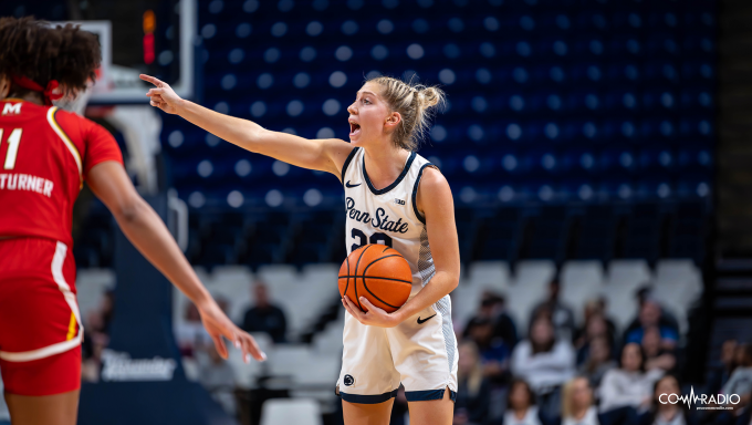 Penn State Lady Lion Makenna Marisa calls out a play on the court