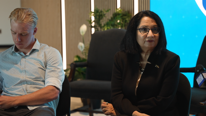 President of Penn State Neeli Bendapudi sits down with students media at a round table to answer questions.