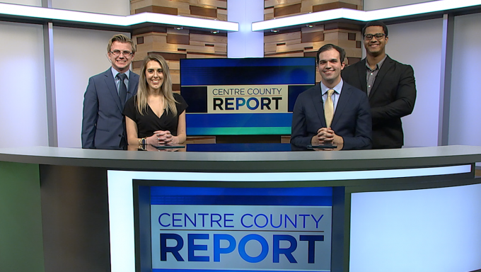 Four news anchors standing behind the Centre County Report