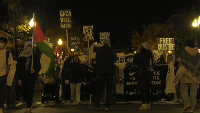 A group of pro-Palestine protestors walking down the street. Some hold signs that have pro-Palestine messages and one holds a Palestinian flag on the left side of the image.