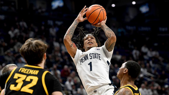 Penn State Men's basketball's Ace Baldwin Jr. going up for a shot