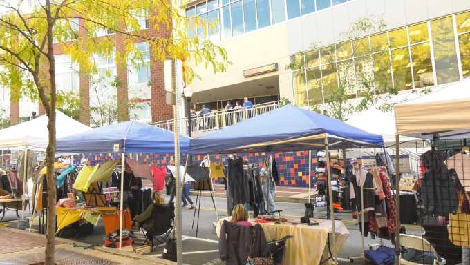 A wide shot of downtown State College's Pop Up Ave at MLK Plaza on the 100 block of South Fraser Street.