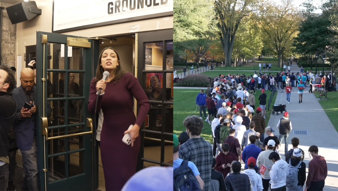 Alexandria Ocasio-Cortez on the left and a crowd waiting to see Vivek Ramaswamy on the right