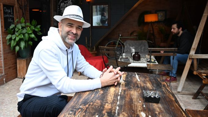 Murat Evgin sits outside North Production Music Studios in Istanbul (Photo by Courtney Benedetto)