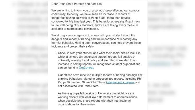 Email from Penn State about Hazing