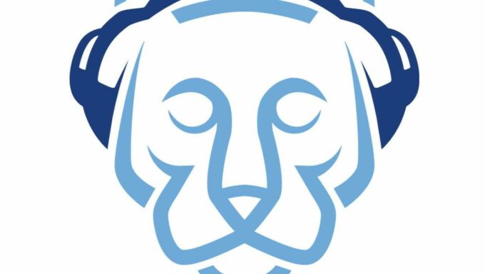 Blue outline drawing of a mountain lion head wearing dark blue headphones