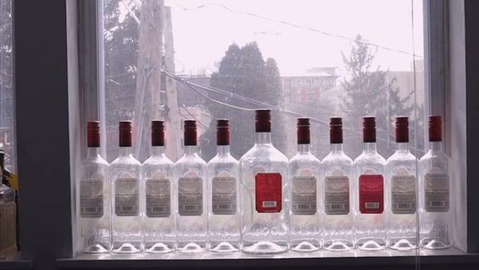 A window sill is lined with 11 empty vodka bottles