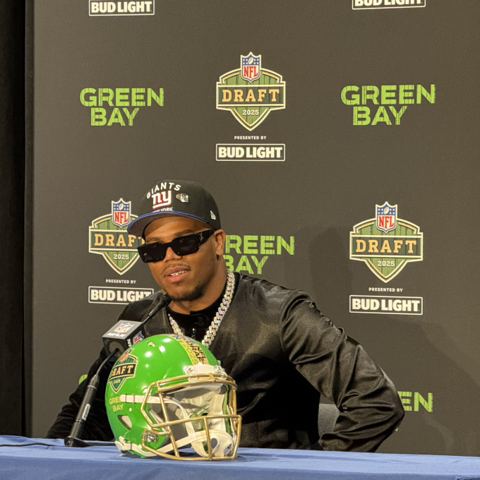 Abdul Carter at the press podium of the NFL Draft