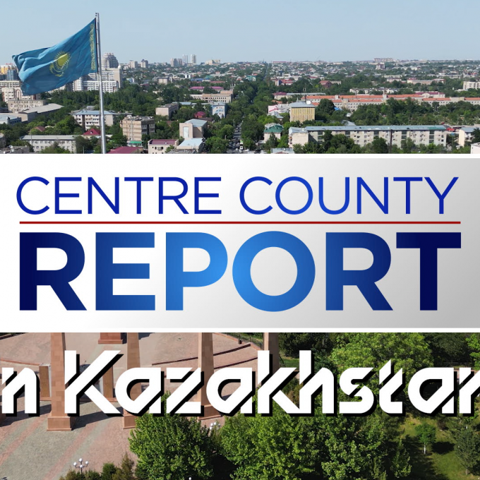 Centre County Report Graphic superimposed on a drone shot of Kazakhstan